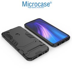 Microcase Xiaomi Redmi Note 8 Alfa Serisi Armor Standlı Perfect Koruma Kılıf - Siyah + Tam Kaplayan Cam Koruma
