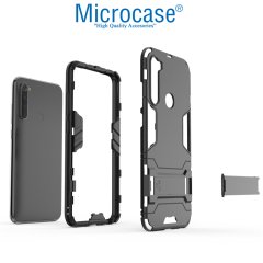 Microcase Xiaomi Redmi Note 8 Alfa Serisi Armor Standlı Perfect Koruma Kılıf - Siyah + Tam Kaplayan Cam Koruma