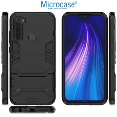 Microcase Xiaomi Redmi Note 8 Alfa Serisi Armor Standlı Perfect Koruma Kılıf - Siyah + Tam Kaplayan Cam Koruma