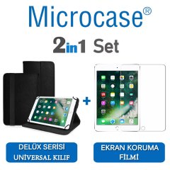 Microcase iPad 9.7 2017 Delüx Serisi Universal Standlı Deri Kılıf - Siyah + Ekran Koruma Filmi