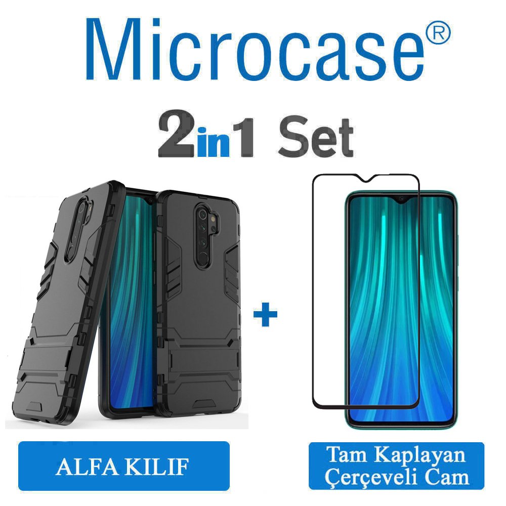 Microcase Xiaomi Redmi Note 8 Pro Alfa Serisi Armor Standlı Perfect Koruma Kılıf - Siyah + Tam Kaplayan Cam Koruma