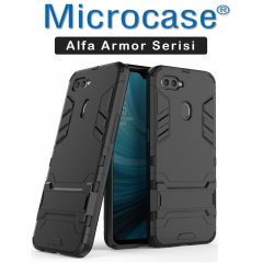 Microcase Oppo A5S Alfa Serisi Armor Standlı Perfect Koruma Kılıf - Siyah + Tempered Glass Cam Koruma