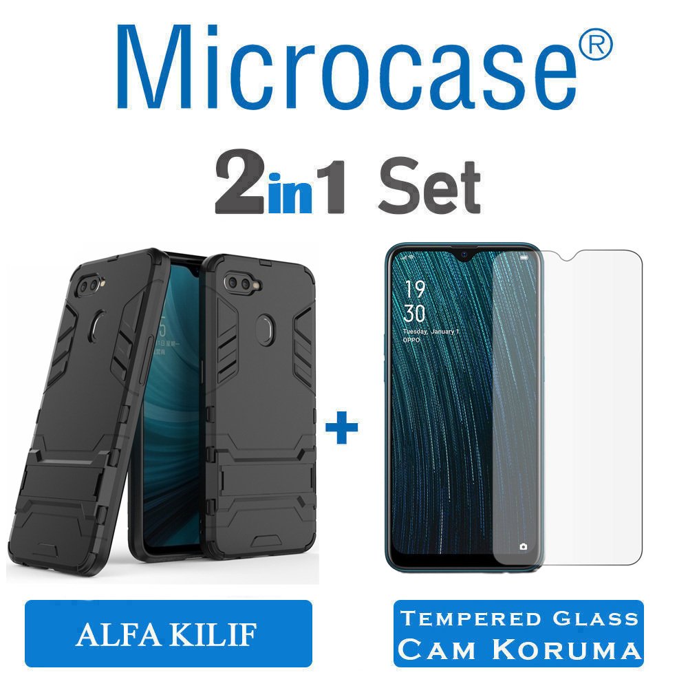Microcase Oppo A5S Alfa Serisi Armor Standlı Perfect Koruma Kılıf - Siyah + Tempered Glass Cam Koruma