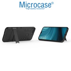 Microcase Oppo A5S Alfa Serisi Armor Standlı Perfect Koruma Kılıf - Siyah + Tempered Glass Cam Koruma