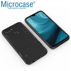 Microcase Oppo A5S Alfa Serisi Armor Standlı Perfect Koruma Kılıf - Siyah + Tempered Glass Cam Koruma