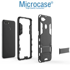 Microcase Oppo A5S Alfa Serisi Armor Standlı Perfect Koruma Kılıf - Siyah + Tempered Glass Cam Koruma