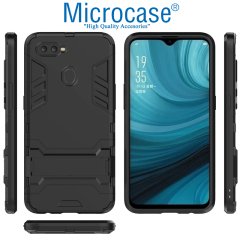 Microcase Oppo A5S Alfa Serisi Armor Standlı Perfect Koruma Kılıf - Siyah + Tempered Glass Cam Koruma