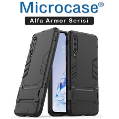 Microcase Xiaomi Mi 9 Pro Alfa Serisi Armor Standlı Perfect Koruma Kılıf - Siyah + Tam Kaplayan Cam Koruma
