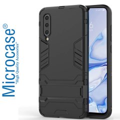 Microcase Xiaomi Mi 9 Pro Alfa Serisi Armor Standlı Perfect Koruma Kılıf - Siyah + Tam Kaplayan Cam Koruma