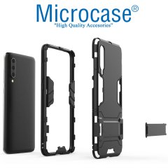 Microcase Xiaomi Mi 9 Pro Alfa Serisi Armor Standlı Perfect Koruma Kılıf - Siyah + Tam Kaplayan Cam Koruma