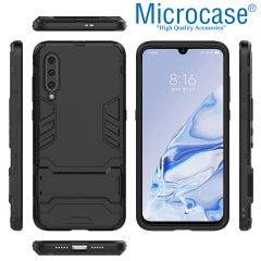 Microcase Xiaomi Mi 9 Pro Alfa Serisi Armor Standlı Perfect Koruma Kılıf - Siyah + Tam Kaplayan Cam Koruma