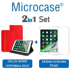 Microcase iPad 9.7 2017 Delüx Serisi Universal Standlı Deri Kılıf - Kırmızı + Ekran Koruma Filmi