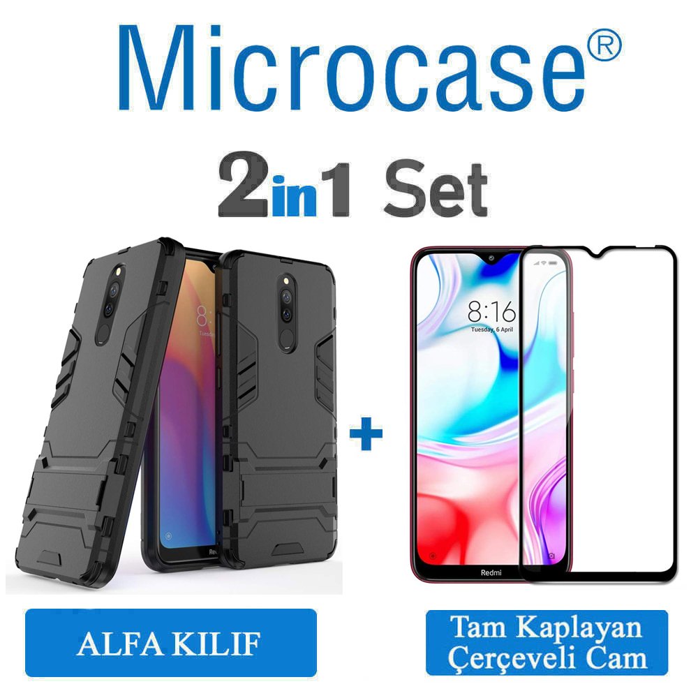 Microcase Xiaomi Redmi 8 Alfa Serisi Armor Standlı Perfect Koruma Kılıf - Siyah + Tam Kaplayan Cam Koruma
