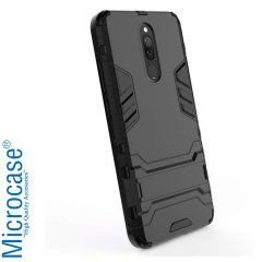 Microcase Xiaomi Redmi 8 Alfa Serisi Armor Standlı Perfect Koruma Kılıf - Siyah + Tam Kaplayan Cam Koruma