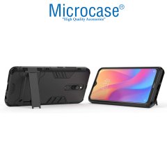 Microcase Xiaomi Redmi 8 Alfa Serisi Armor Standlı Perfect Koruma Kılıf - Siyah + Tam Kaplayan Cam Koruma