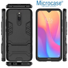 Microcase Xiaomi Redmi 8 Alfa Serisi Armor Standlı Perfect Koruma Kılıf - Siyah + Tam Kaplayan Cam Koruma