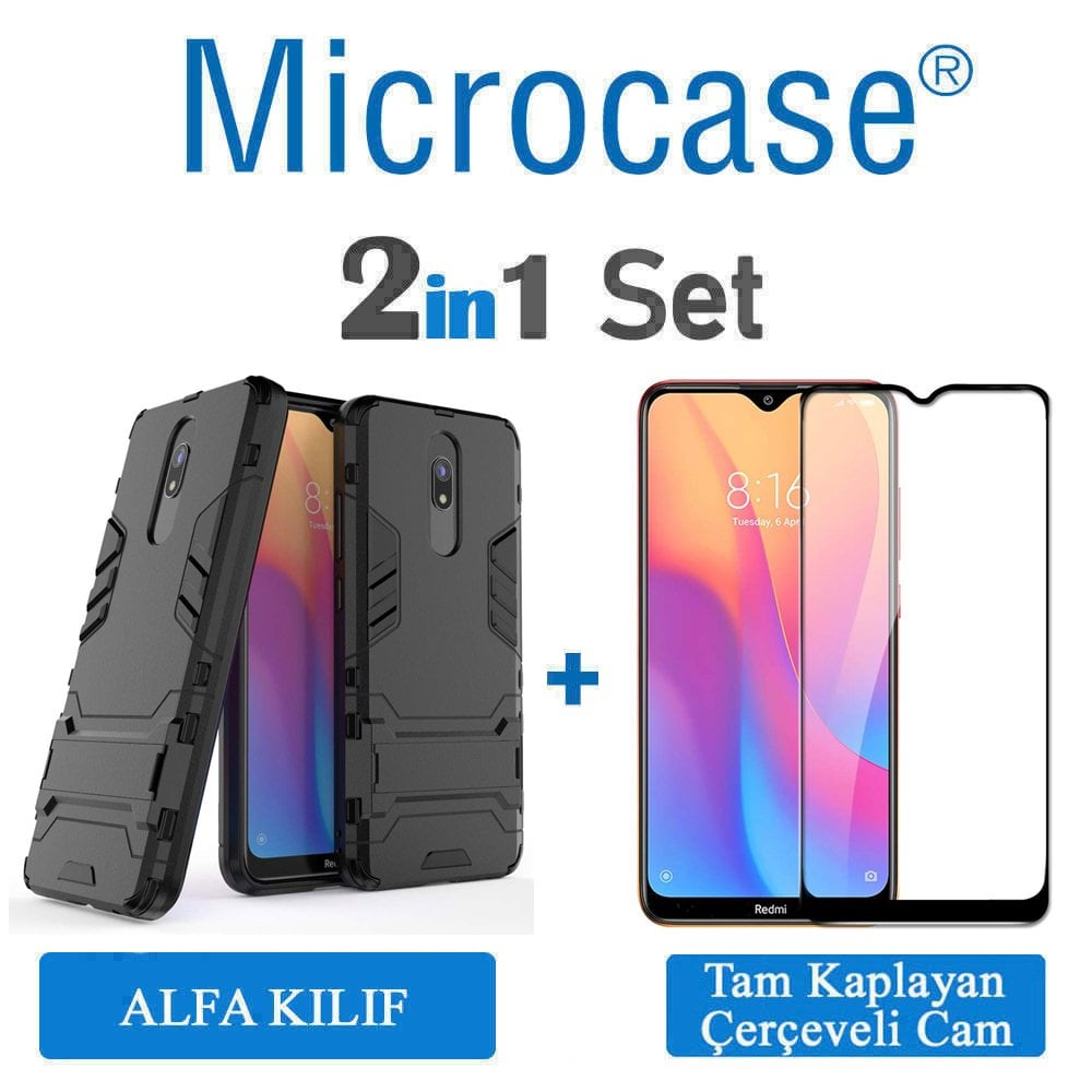 Microcase Xiaomi Redmi 8A Alfa Serisi Armor Standlı Perfect Koruma Kılıf - Siyah + Tam Kaplayan Cam Koruma