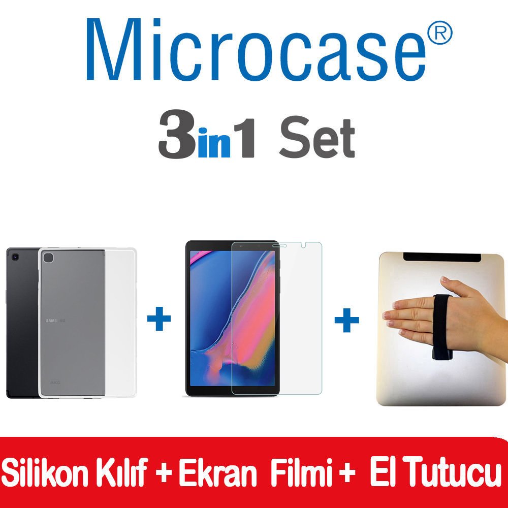 Microcase Samsung Galaxy Tab A 8 2019 T290 T295 T297 Şeffaf Silikon Kılıf + Ekran Koruma Filmi + Tablet El Tutucu