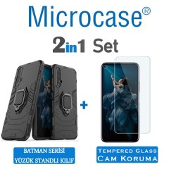 Microcase Huawei Honor 20 Batman Serisi Yüzük Standlı Armor Kılıf - Siyah + Tempered Glass Cam Koruma