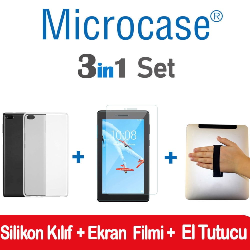 Microcase Lenovo Tab E7 7104 TB-7104F 7104F 7 inch Tablet Şeffaf Silikon Kılıf + Ekran Koruma Filmi + Tablet El Tutucu