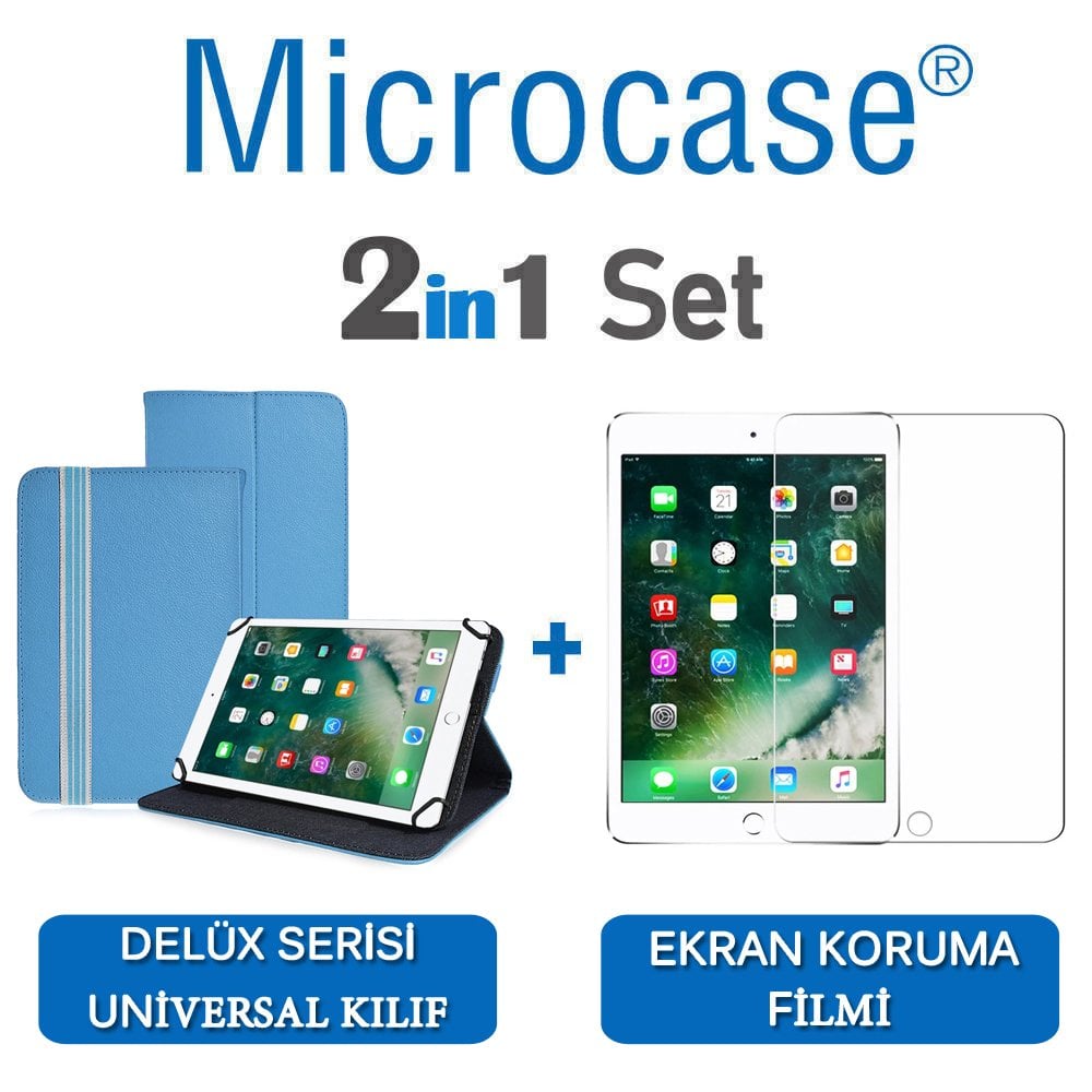 Microcase iPad 9.7 2017 Delüx Serisi Universal Standlı Deri Kılıf - Turkuaz + Ekran Koruma Filmi