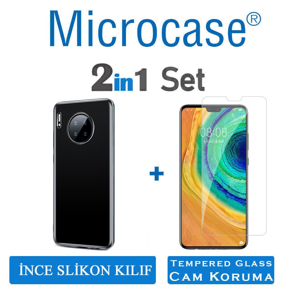 Microcase Huawei Mate 30 İnce 0.2 mm Soft Silikon Kılıf - Şeffaf + Tempered Glass Cam Koruma