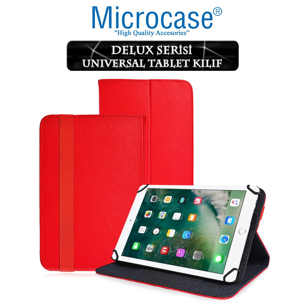 Microcase iPad 9.7 2017 Delüx Serisi Universal Standlı Deri Kılıf - Kırmızı
