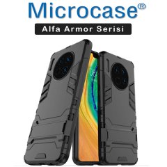 Microcase Huawei Mate 30 Alfa Serisi Armor Standlı Perfect Koruma Kılıf - Siyah + Tam Kaplayan Cam Koruma