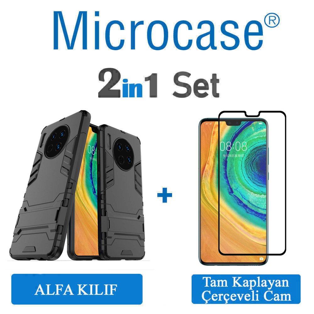 Microcase Huawei Mate 30 Alfa Serisi Armor Standlı Perfect Koruma Kılıf - Siyah + Tam Kaplayan Cam Koruma