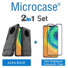 Microcase Huawei Mate 30 Alfa Serisi Armor Standlı Perfect Koruma Kılıf - Siyah + Tam Kaplayan Cam Koruma