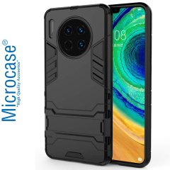 Microcase Huawei Mate 30 Alfa Serisi Armor Standlı Perfect Koruma Kılıf - Siyah + Tam Kaplayan Cam Koruma