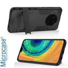 Microcase Huawei Mate 30 Alfa Serisi Armor Standlı Perfect Koruma Kılıf - Siyah + Tam Kaplayan Cam Koruma