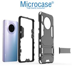Microcase Huawei Mate 30 Alfa Serisi Armor Standlı Perfect Koruma Kılıf - Siyah + Tam Kaplayan Cam Koruma
