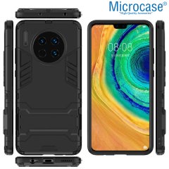 Microcase Huawei Mate 30 Alfa Serisi Armor Standlı Perfect Koruma Kılıf - Siyah + Tam Kaplayan Cam Koruma