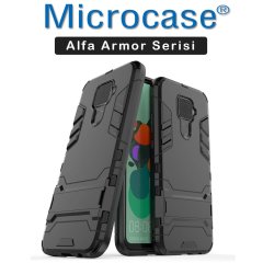 Microcase Huawei Mate 30 Lite Alfa Serisi Armor Standlı Perfect Koruma Kılıf - Siyah + Tam Kaplayan Cam Koruma