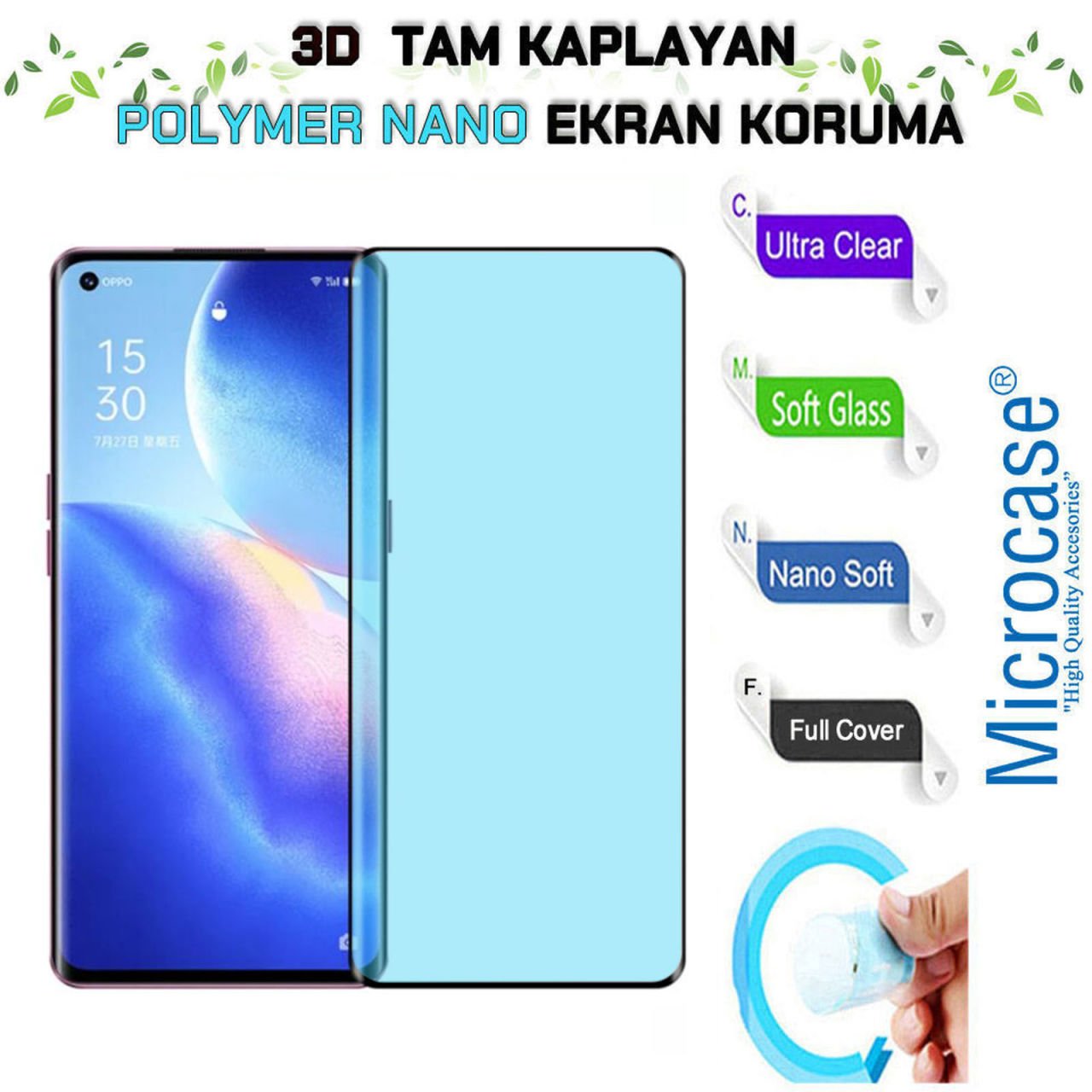 Microcase Oppo Reno 5 Pro Plus 3D Polymer Kavisli Tam Kaplayan Nano Ekran Koruma - Siyah