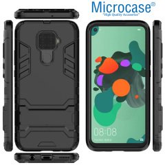 Microcase Huawei Mate 30 Lite Alfa Serisi Armor Standlı Perfect Koruma Kılıf - Siyah + Tam Kaplayan Cam Koruma