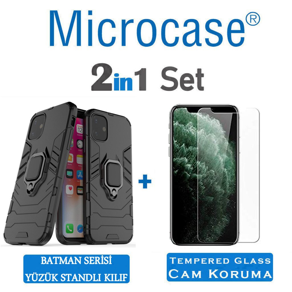 Microcase iPhone 11 Batman Serisi Yüzük Standlı Armor Kılıf - Siyah + Tempered Glass Cam Koruma