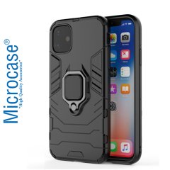 Microcase iPhone 11 Batman Serisi Yüzük Standlı Armor Kılıf - Siyah + Tempered Glass Cam Koruma