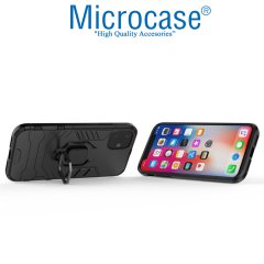 Microcase iPhone 11 Batman Serisi Yüzük Standlı Armor Kılıf - Siyah + Tempered Glass Cam Koruma