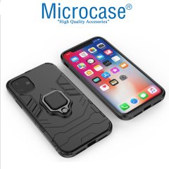 Microcase iPhone 11 Batman Serisi Yüzük Standlı Armor Kılıf - Siyah + Tempered Glass Cam Koruma