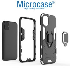 Microcase iPhone 11 Batman Serisi Yüzük Standlı Armor Kılıf - Siyah + Tempered Glass Cam Koruma