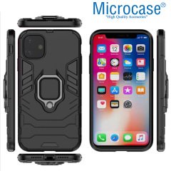 Microcase iPhone 11 Batman Serisi Yüzük Standlı Armor Kılıf - Siyah + Tempered Glass Cam Koruma