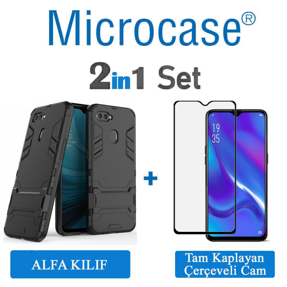 Microcase Oppo A5s Alfa Serisi Armor Standlı Perfect Koruma Kılıf - Siyah + Tam Kaplayan Cam Koruma