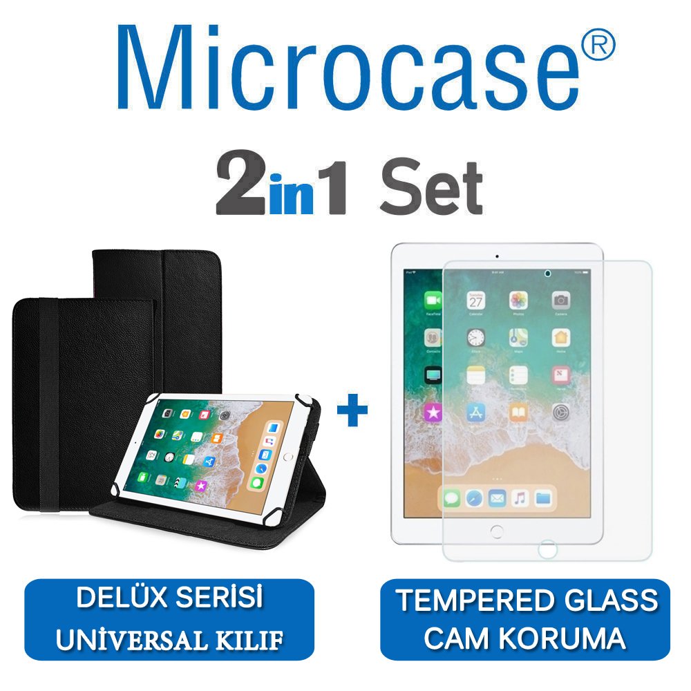 Microcase iPad 9.7 2018 Delüx Serisi Universal Standlı Deri Kılıf - Siyah + Tempered Glass Cam Koruma