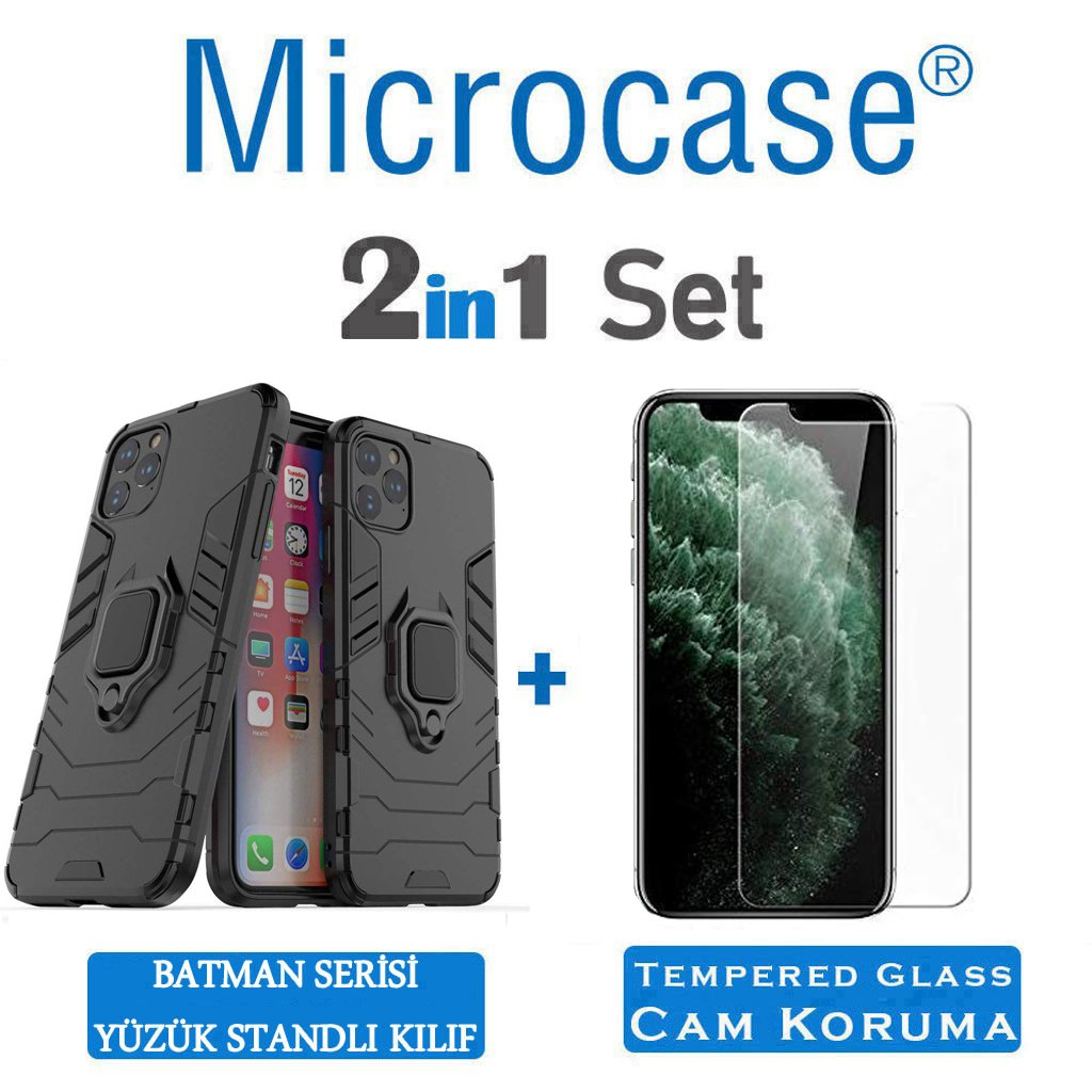 Microcase iPhone 11 Pro Batman Serisi Yüzük Standlı Armor Kılıf - Siyah + Tempered Glass Cam Koruma