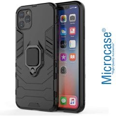 Microcase iPhone 11 Pro Batman Serisi Yüzük Standlı Armor Kılıf - Siyah + Tempered Glass Cam Koruma