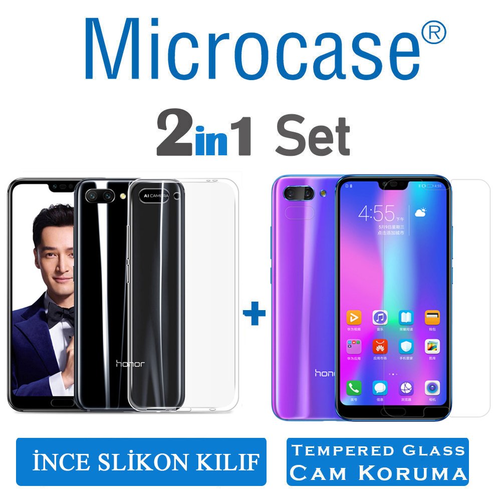 Huawei Honor 10 İnce 0.2 mm Soft Silikon Kılıf+Tempered Glass Cam