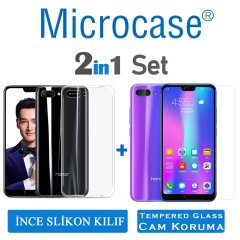 Huawei Honor 10 İnce 0.2 mm Soft Silikon Kılıf+Tempered Glass Cam