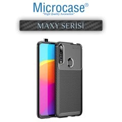 Microcase Huawei Y9 Prime 2019 Maxy Serisi Carbon Fiber Silikon Kılıf - Siyah + Tempered Glass Cam Koruma (SEÇENEKLİ)